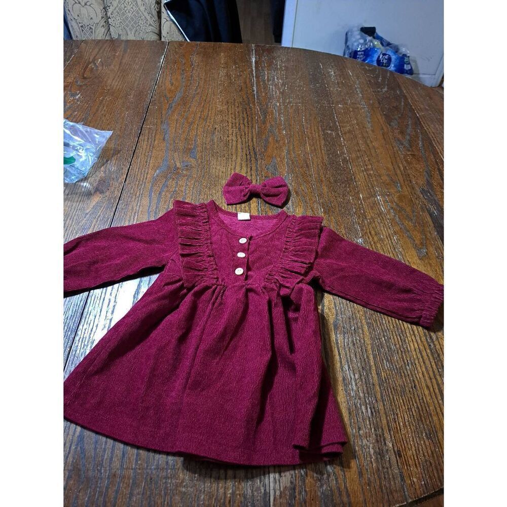 New Girls Size 80 12 Month Long Sleeve Burgandy Dress with Hair Bow NWOT